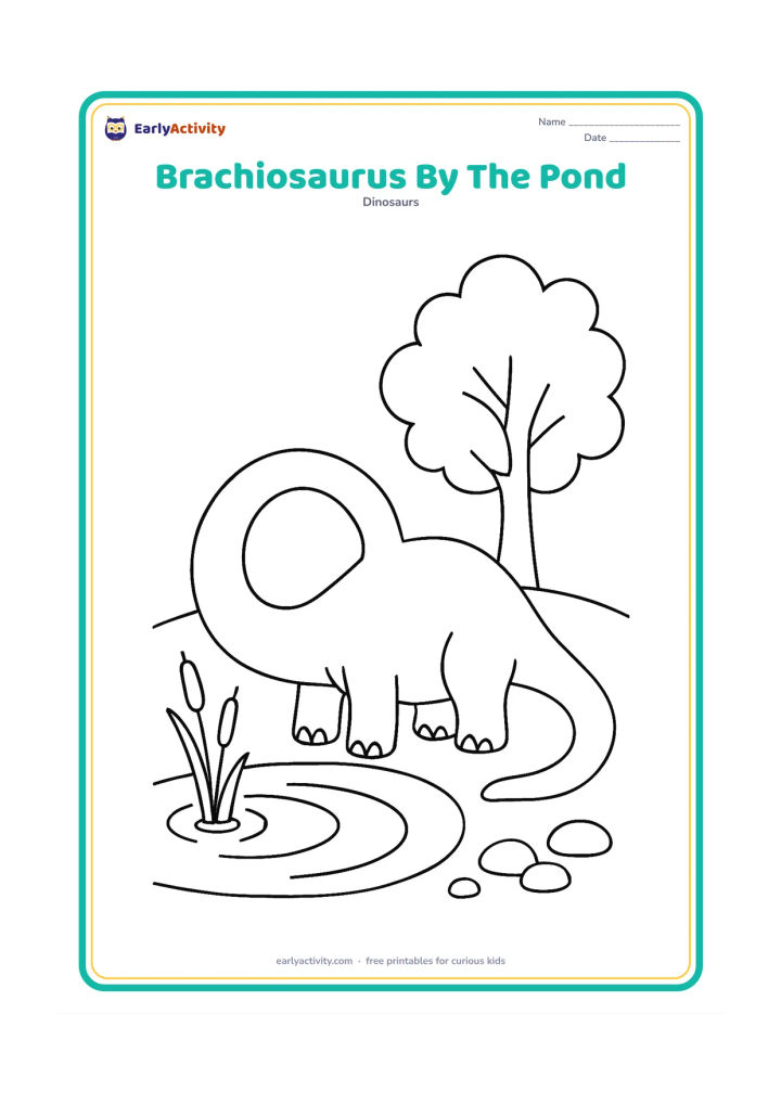 Colouring page: A smiling brachiosaurus bends its long neck to drink from a shallow pond. Add broad water ripples, two reeds, a few smooth stones and a large tree with simple leaves.