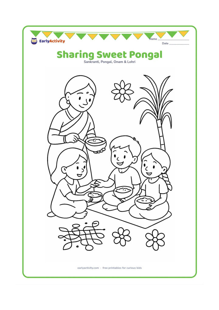 Colouring page: Three children sit together on a mat and share bowls of Pongal, with an adult serving from a pot. Place a simple kolam, sugarcane, and flower decorations around them.