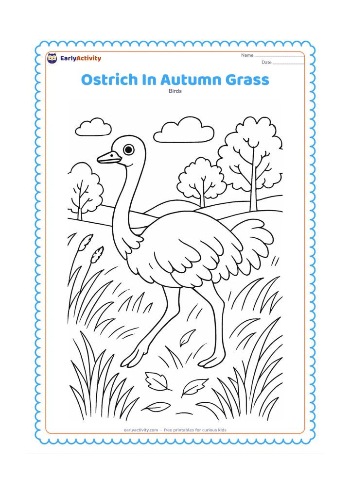Colouring page: An ostrich walks through tall seasonal grass with seed heads and scattered fallen leaves, while trees in the distance show changing foliage. Include a gentle breeze suggested by curved…