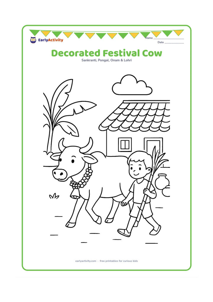 Colouring page: A calm cow walks across a village courtyard wearing a bell collar and flower garland, while a child carries sugarcane nearby. Add a tiled-roof home, banana leaves, and a few pots.