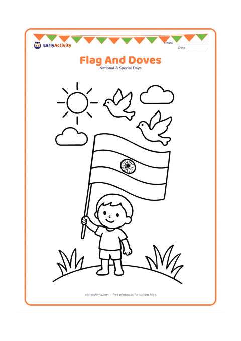 Colouring page: Draw a large Indian flag waving beside two simple flying doves and a smiling child standing on a hill. Add a sun, two clouds and a few broad blades of grass.