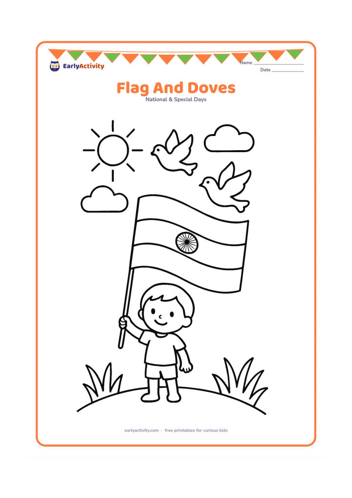 Colouring page: Draw a large Indian flag waving beside two simple flying doves and a smiling child standing on a hill. Add a sun, two clouds and a few broad blades of grass.