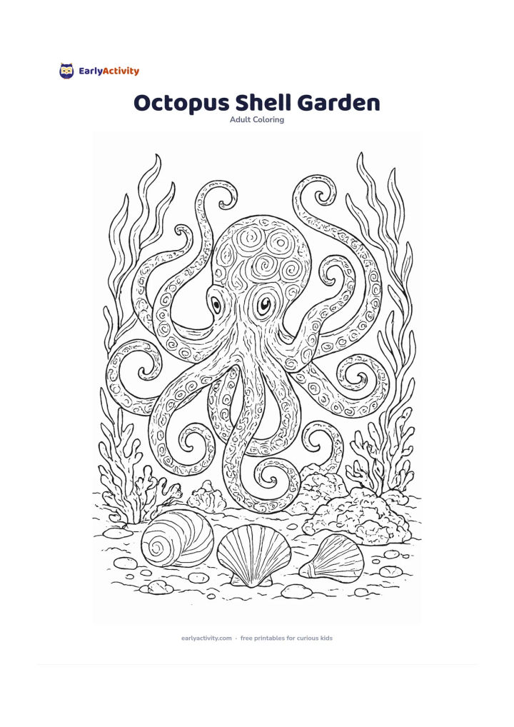 Colouring page: An octopus rests gracefully among seashells, seaweed and low coral mounds on the ocean floor. Give each tentacle a different curling pose and add gentle repeating suction-cup shapes…