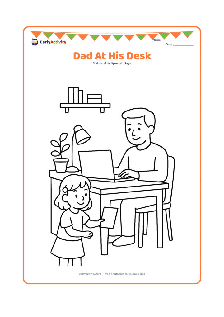 Colouring page: A father works at a tidy home desk while a child places a handmade blank card beside a cup, plant and desk lamp. Include a chair, drawers and a wall shelf.