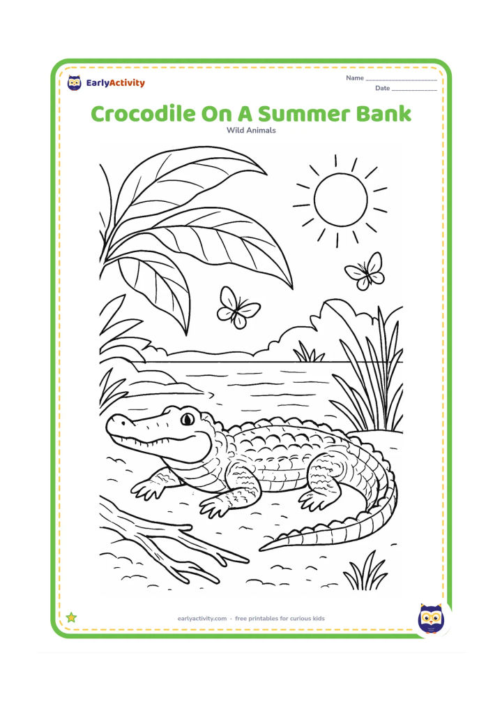 Colouring page: Draw a crocodile basking on a sunny summer riverbank beneath broad tropical foliage, with textured sand, a fallen branch, butterflies, reeds, and a shimmering river behind it. Show the…