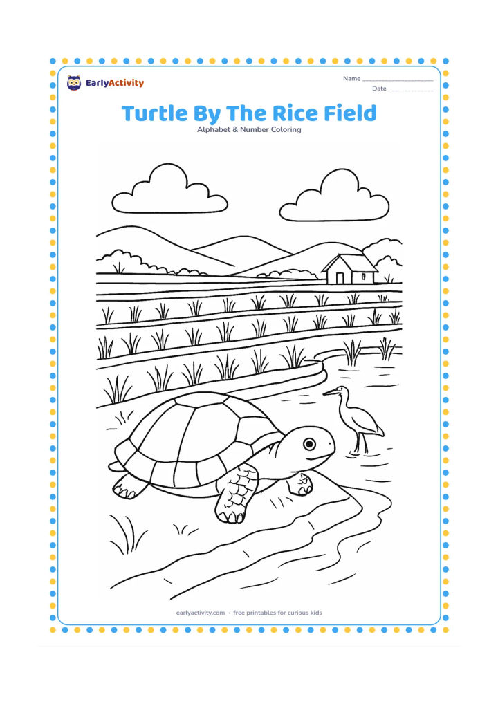 Colouring page: Draw a turtle resting on a bank beside an Indian rice field, with stepped field edges, water reflections, paddy plants, a farmer's distant hut, and low hills. Include a small egret near…