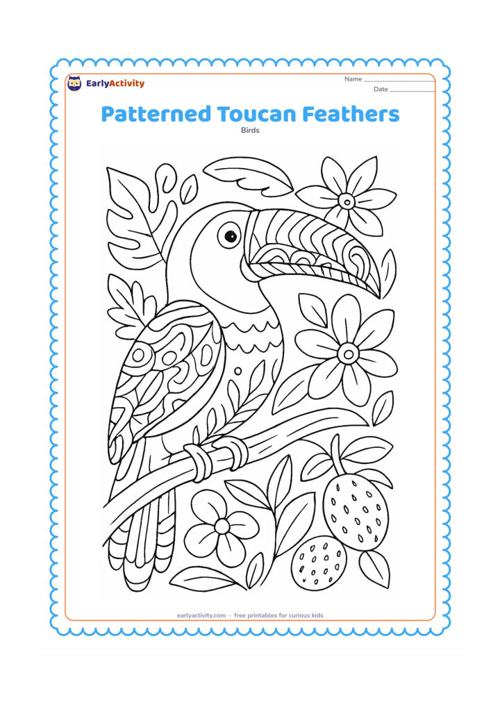 Colouring page: A proud toucan sits in profile on a curved branch, with decorative but natural-looking patterns inside its wing, tail feathers, and large bill. Surround it with patterned tropical…