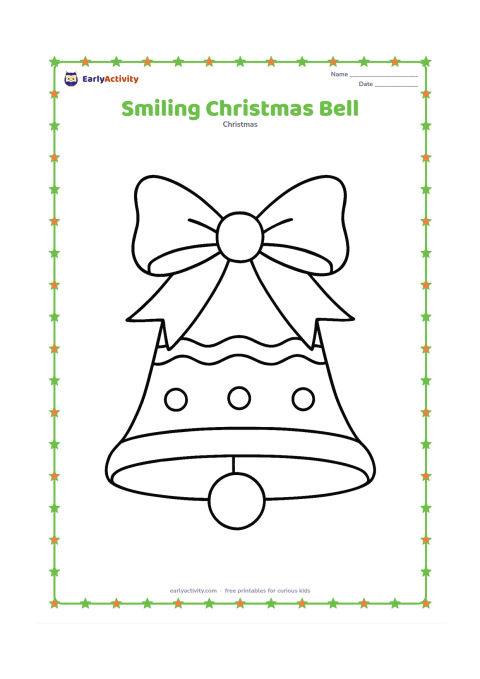 Colouring page: Draw a large decorated Christmas bell with a bow at the top and a round clapper below, centred on the page.