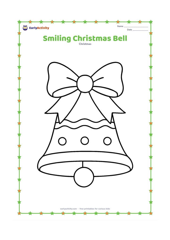 Colouring page: Draw a large decorated Christmas bell with a bow at the top and a round clapper below, centred on the page.