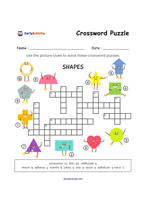 Worksheet with two shape-themed crossword puzzles and numbered picture clues showing colourful circles, triangles, squares, stars, hearts and other shapes.