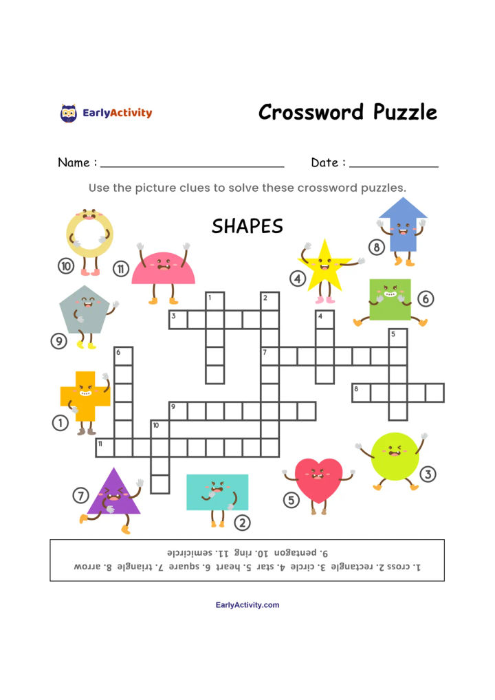 Worksheet with two shape-themed crossword puzzles and numbered picture clues showing colourful circles, triangles, squares, stars, hearts and other shapes.