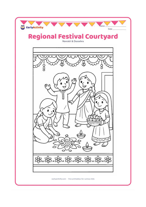 Colouring page: Draw children from different Indian regions sharing a festive courtyard, with one child arranging a rangoli, two children dancing, and another carrying flowers. Include a kolam-like…