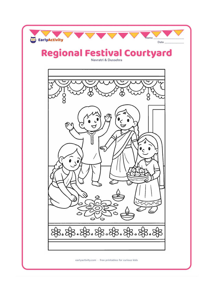 Colouring page: Draw children from different Indian regions sharing a festive courtyard, with one child arranging a rangoli, two children dancing, and another carrying flowers. Include a kolam-like…