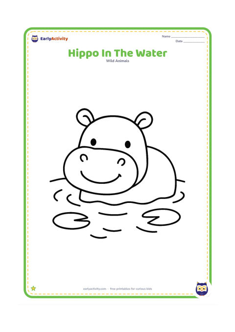 Colouring page: Draw a happy hippopotamus partly above a small pool, with only its head, back and ears visible. Add two lily pads and a few simple ripples.
