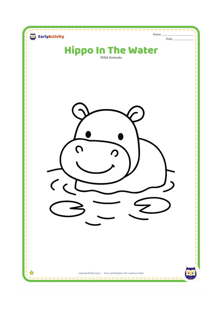 Colouring page: Draw a happy hippopotamus partly above a small pool, with only its head, back and ears visible. Add two lily pads and a few simple ripples.