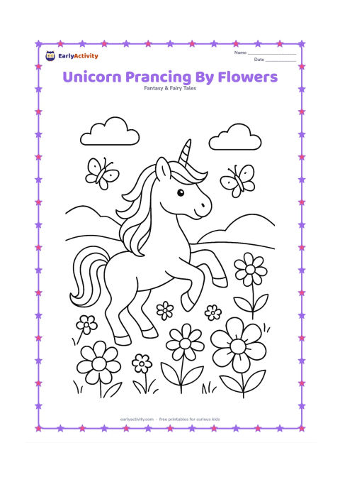 Colouring page: Draw one unicorn prancing through a flower meadow with one front leg raised and its mane flowing. Add several different large flowers, butterflies, a distant hill, and two clouds.