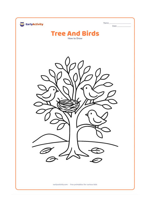 Worksheet: Show a leafy tree with three small birds perched on separate branches, a nest in one fork and a few feathers on the ground. Include a distant low hill behind the tree.