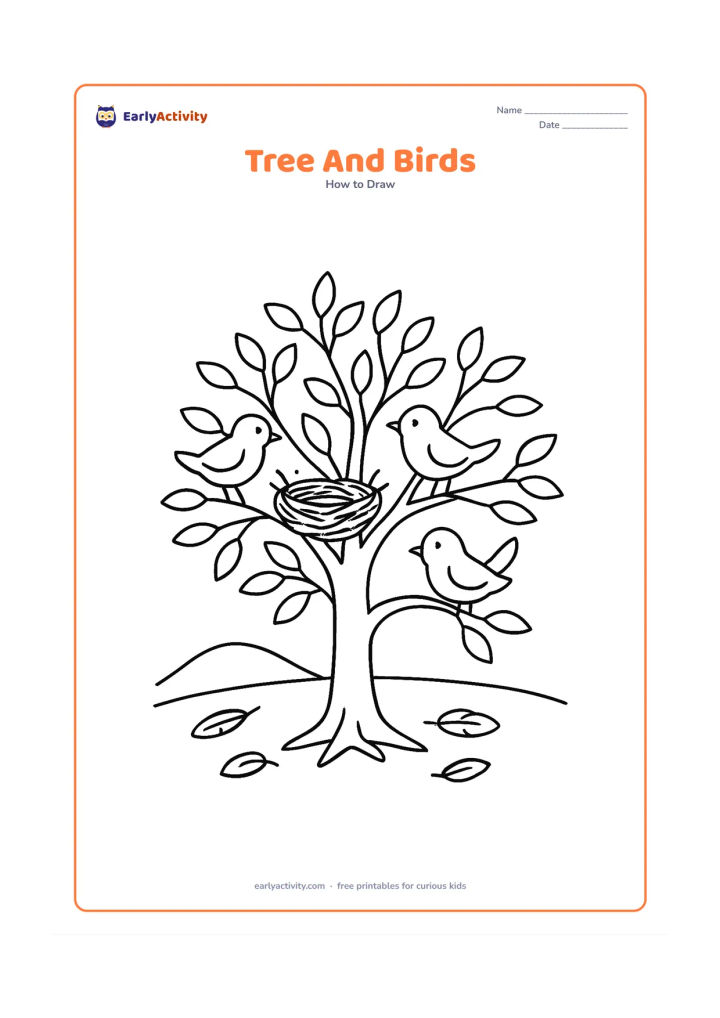 Worksheet: Show a leafy tree with three small birds perched on separate branches, a nest in one fork and a few feathers on the ground. Include a distant low hill behind the tree.