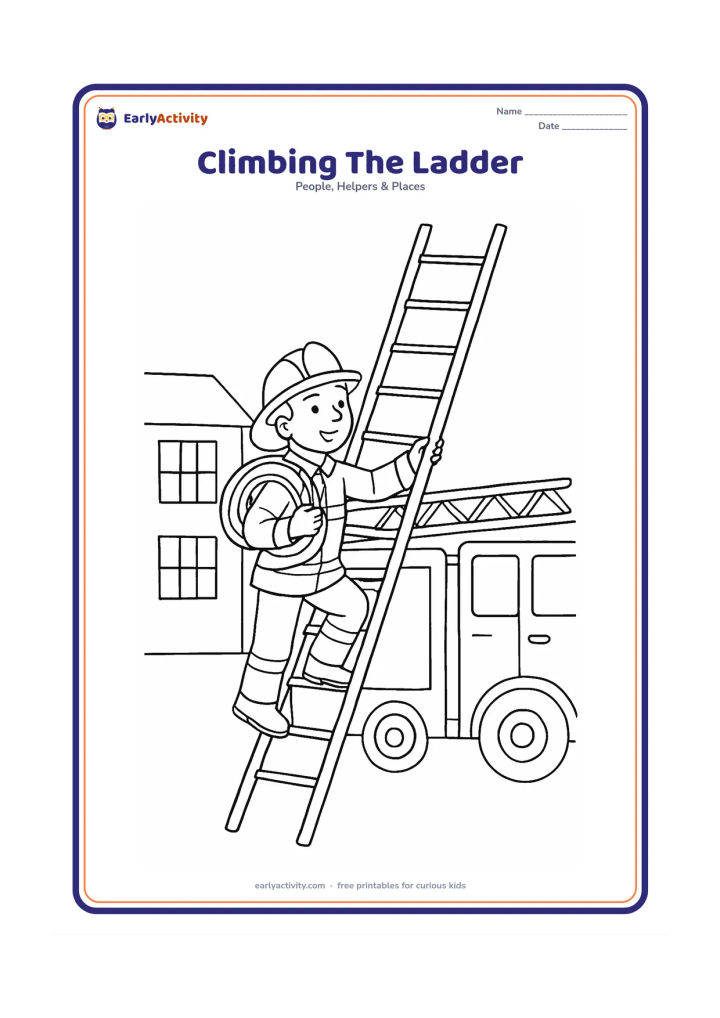 Colouring page: Draw a firefighter climbing a long ladder attached to a fire engine, holding the side rail with one hand and a coiled hose over one shoulder. Add a simple two-storey building with…
