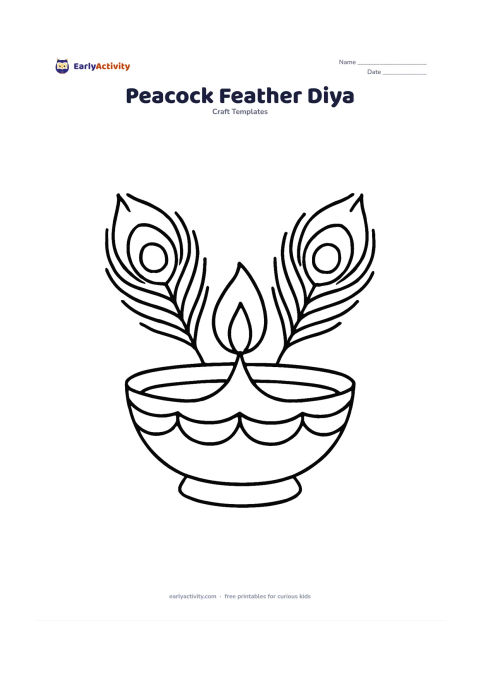 Worksheet: A diya bowl is decorated with two simplified peacock feathers crossed behind it, while one flame rises from the center.