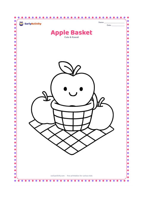 Colouring page: A smiling apple sits in a small open basket with two more large apples beside it. Add one broad leaf and a simple picnic cloth underneath.