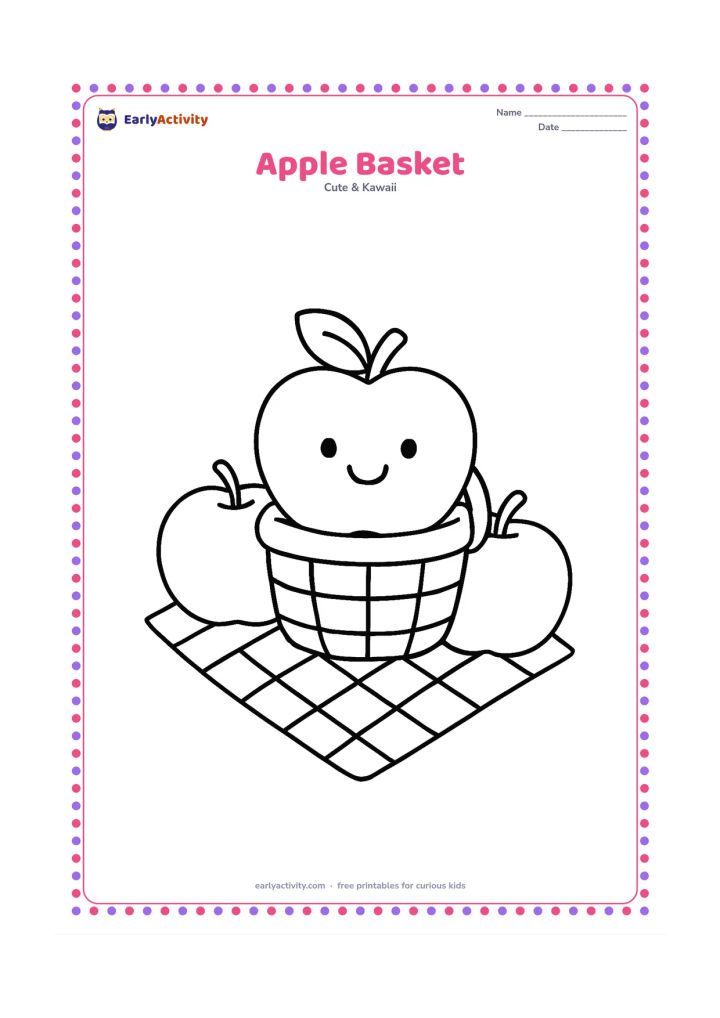 Colouring page: A smiling apple sits in a small open basket with two more large apples beside it. Add one broad leaf and a simple picnic cloth underneath.