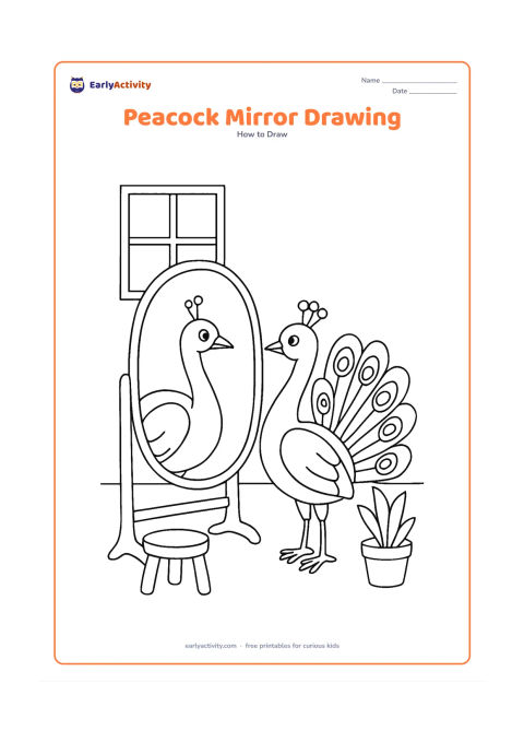 Worksheet: A peacock is shown beside a standing mirror, with the bird's reflection repeating its curved neck, crest and fan tail. Place the scene in a simple room with a window, low stool and…