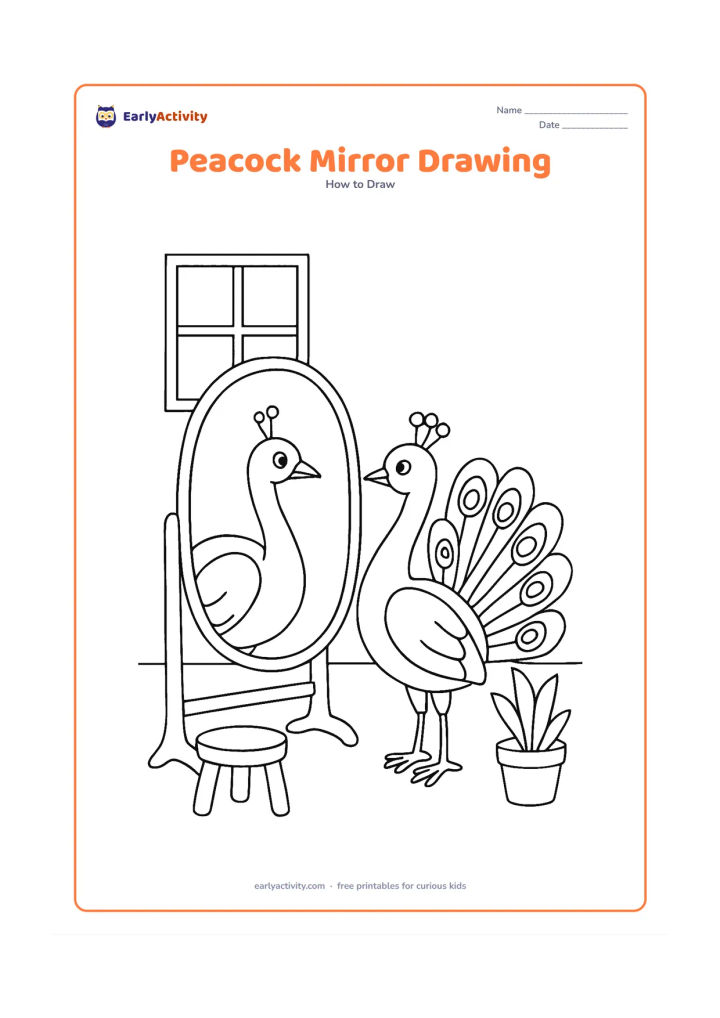 Worksheet: A peacock is shown beside a standing mirror, with the bird's reflection repeating its curved neck, crest and fan tail. Place the scene in a simple room with a window, low stool and…