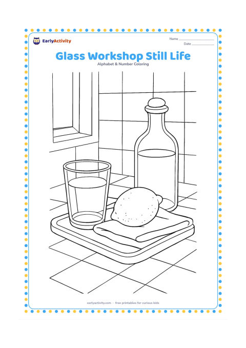 Colouring page: A carefully arranged still life shows a drinking glass, a glass bottle, a lemon, folded cloth, and a wooden tray on a kitchen counter. Include soft window light and simple tiled surfaces.