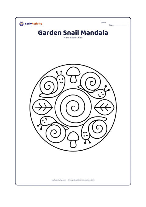 Colouring page: A round mandala with four friendly snails moving clockwise around a large spiral centre, separated by broad leaves and simple mushrooms. The snails should have clear shells and gentle…