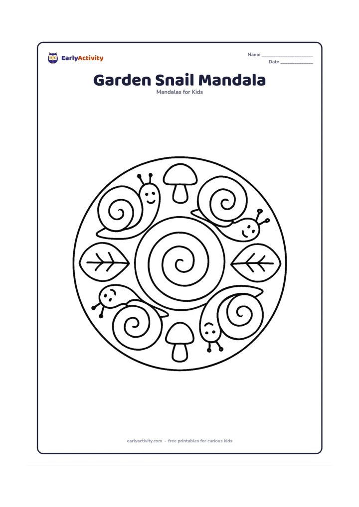 Colouring page: A round mandala with four friendly snails moving clockwise around a large spiral centre, separated by broad leaves and simple mushrooms. The snails should have clear shells and gentle…