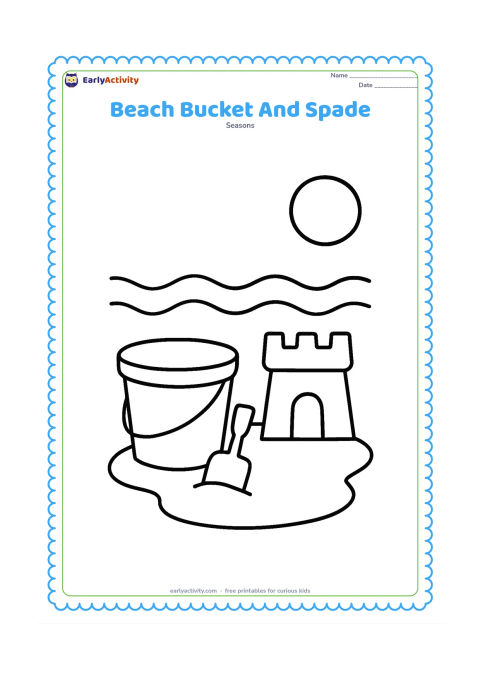 Colouring page: A beach bucket, spade and small sandcastle sit on a sandy patch beside two gentle waves. Add a round sun above the horizon and no tiny beach details.