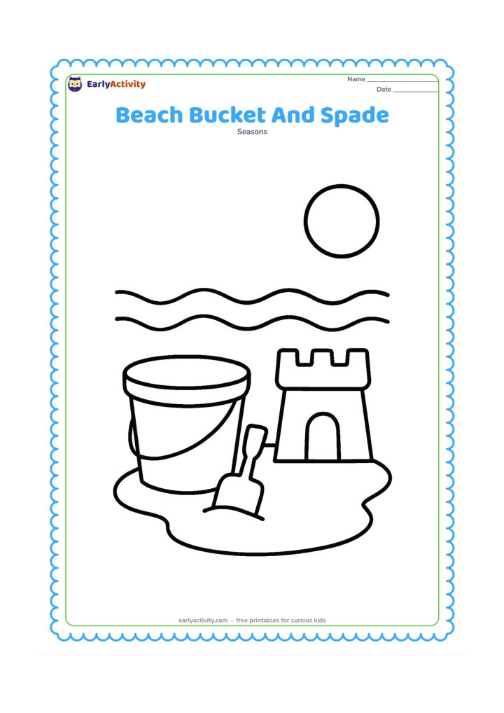 Colouring page: A beach bucket, spade and small sandcastle sit on a sandy patch beside two gentle waves. Add a round sun above the horizon and no tiny beach details.