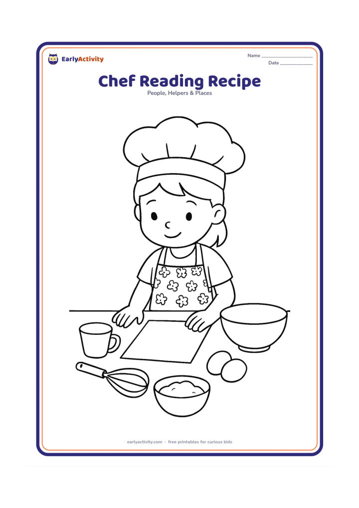 Colouring page: A child chef in a patterned apron studies a blank recipe sheet on a counter while ingredients are arranged nearby. Show a whisk, measuring cups, flour bowl, eggs, and a large mixing…