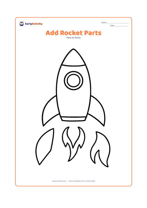 Worksheet: A partially completed upright rocket has a body and nose; nearby, show separate outlines of two fins, a round window and three curved flames positioned where they belong. Include no…