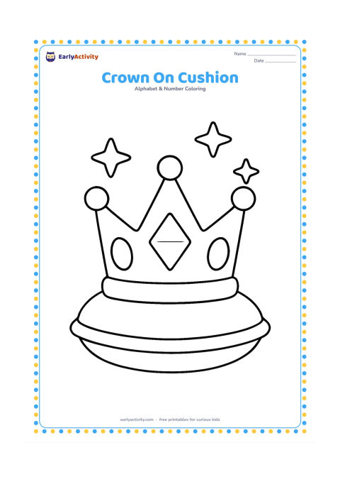 Colouring page: A friendly rounded crown rests on a soft cushion with three large jewel shapes and a few simple stars around it. Keep the crown upright and centered.