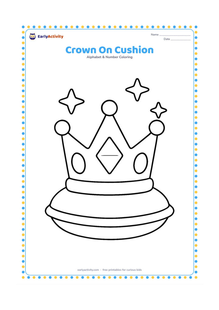 Colouring page: A friendly rounded crown rests on a soft cushion with three large jewel shapes and a few simple stars around it. Keep the crown upright and centered.
