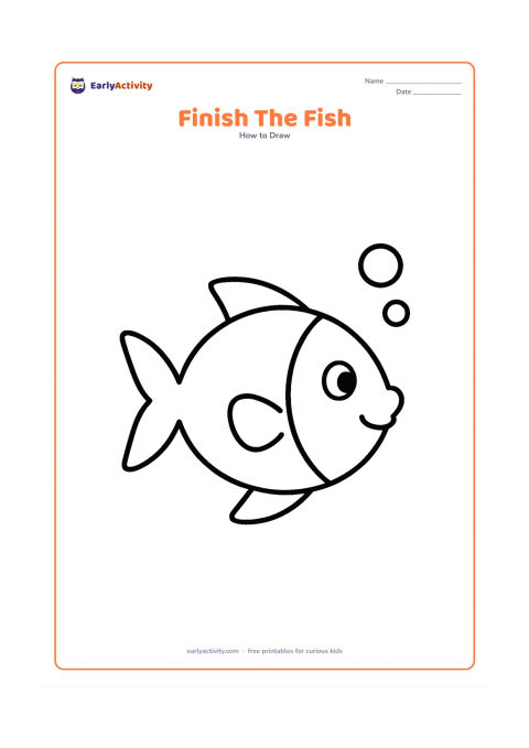 Worksheet: Show a large outlined fish with the body, tail, eye, and one fin already drawn, leaving the second fin as a simple empty attachment area to complete. Add two small bubbles and no other…