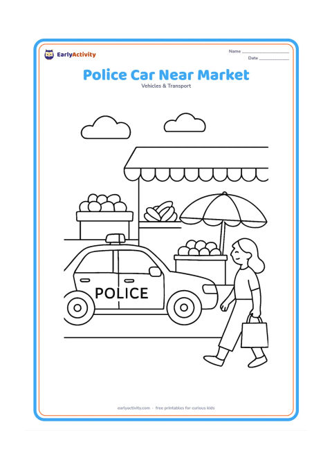 Colouring page: Draw a police car parked beside an Indian roadside market, shown from the side with windows, mirrors, roof lights and a plain door badge. Add a fruit cart with unlabelled fruit shapes,…