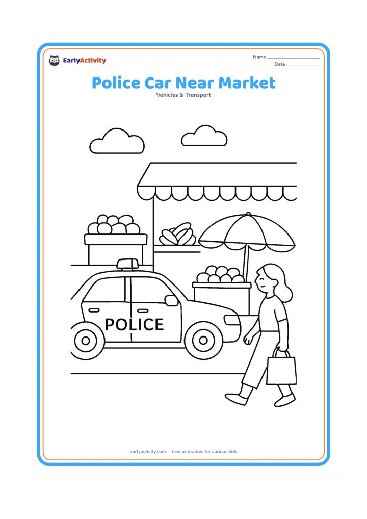 Colouring page: Draw a police car parked beside an Indian roadside market, shown from the side with windows, mirrors, roof lights and a plain door badge. Add a fruit cart with unlabelled fruit shapes,…