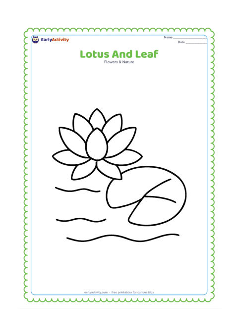 Colouring page: Draw one large lotus beside a single round floating leaf, both shown from above at the edge of a calm pond. Add two wide curved water lines beneath them and keep every shape easy to…