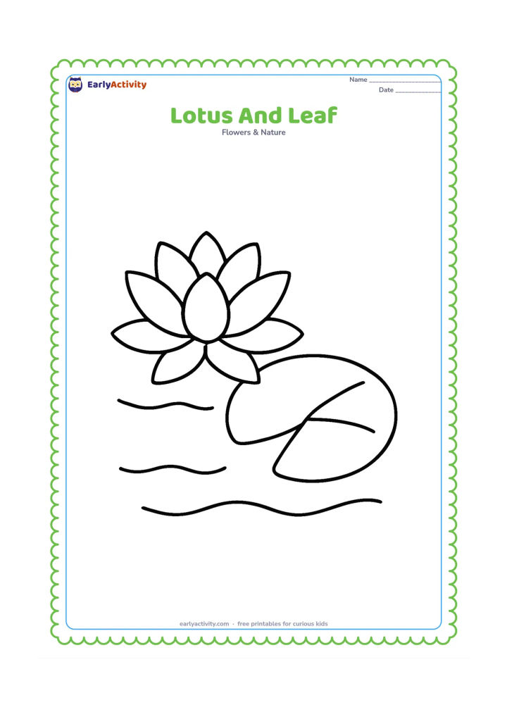 Colouring page: Draw one large lotus beside a single round floating leaf, both shown from above at the edge of a calm pond. Add two wide curved water lines beneath them and keep every shape easy to…