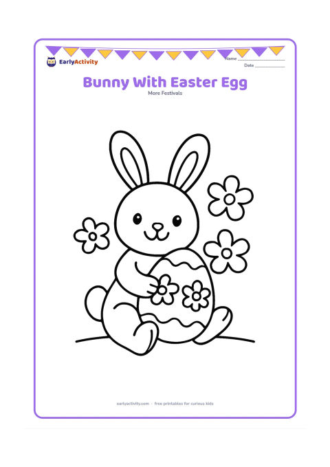 Colouring page: A cheerful bunny sits holding one large decorated Easter egg with three big flower shapes around it. Use a simple ground line and keep the composition open with very few details.