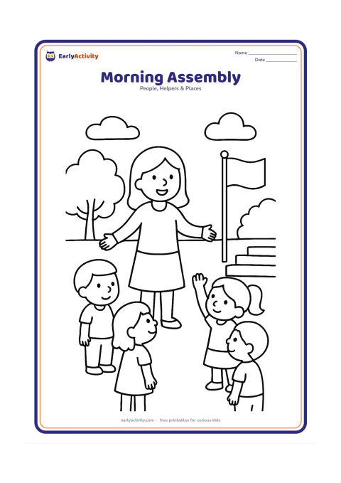 Colouring page: A teacher stands at the front of a small group of children gathered outdoors in a school courtyard, with some children standing and one child raising a hand. Add trees, a flagpole with a…