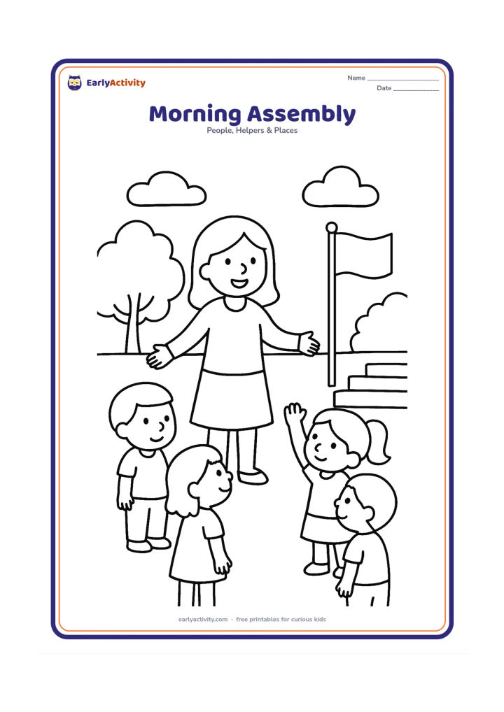 Colouring page: A teacher stands at the front of a small group of children gathered outdoors in a school courtyard, with some children standing and one child raising a hand. Add trees, a flagpole with a…