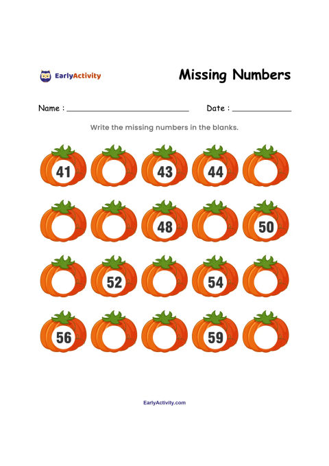 Worksheet with pumpkin-shaped blanks for writing missing numbers from 41 to 60.