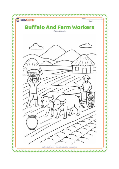 Colouring page: Draw two calm buffaloes beside farmers preparing a field, with one farmer carrying a basket and another guiding a cart. Include crop rows, a water pot, a haystack, a hut and distant…