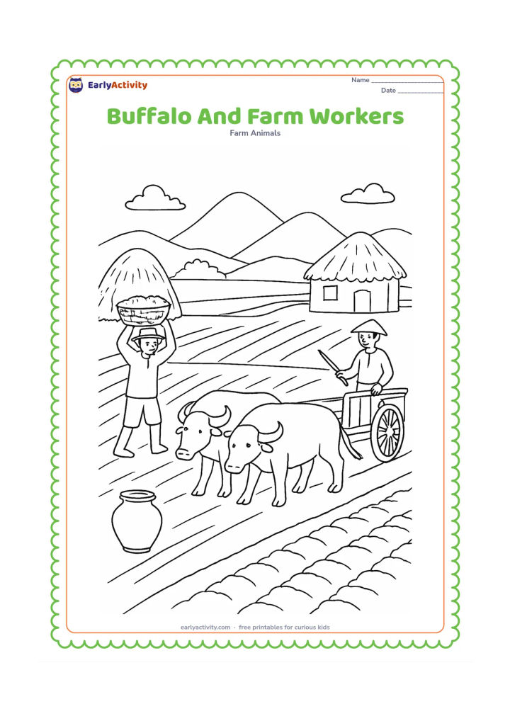Colouring page: Draw two calm buffaloes beside farmers preparing a field, with one farmer carrying a basket and another guiding a cart. Include crop rows, a water pot, a haystack, a hut and distant…