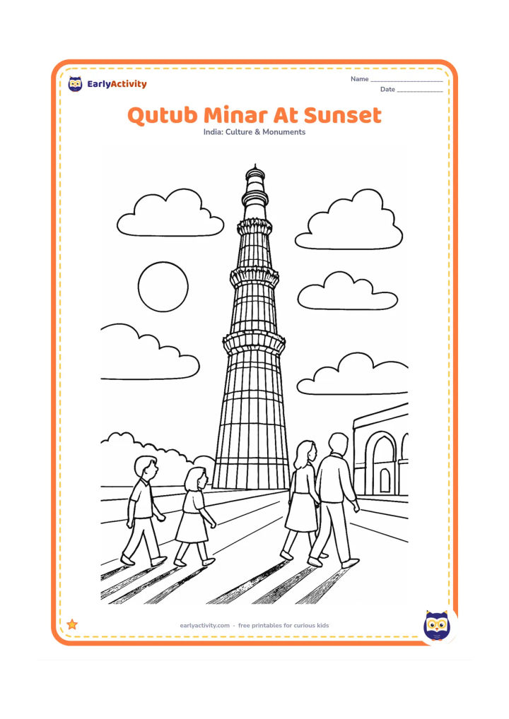 Colouring page: Draw Qutub Minar against a low sun and layered clouds, with visitors walking across the courtyard and long ground shadows. Include the tower's balconies and vertical fluting.