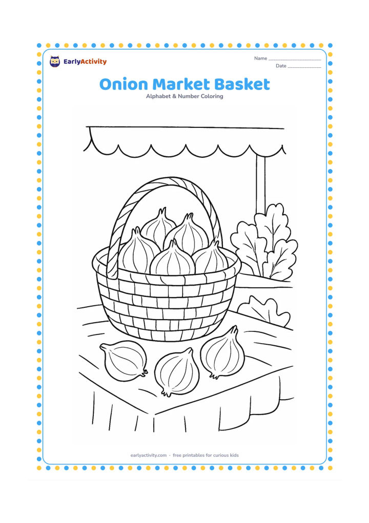 Colouring page: Draw a woven market basket filled with onions, with a few loose onions on a cloth-covered stall in an Indian market setting. Add a canopy edge and leafy vegetables without any signs or…
